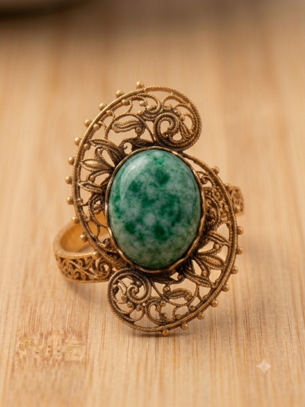Vintage Ornate Gold Filigree Ring with Green Stone